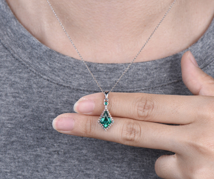 Kite cut emerald pendant necklace dainty opal halo pendant May birthstone jewelry anniversary birthday mother's gifts