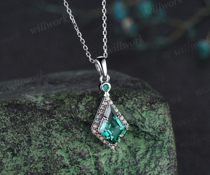 Kite cut emerald pendant necklace dainty opal halo pendant May birthstone jewelry anniversary birthday mother's gifts