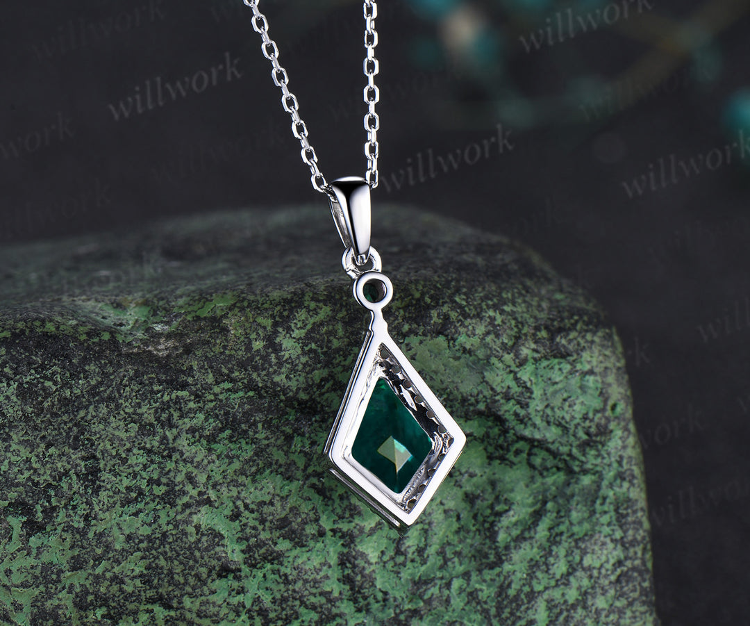 Kite cut emerald pendant necklace dainty opal halo pendant May birthstone jewelry anniversary birthday mother's gifts