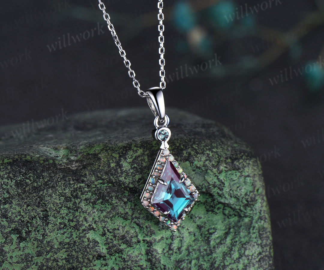 Kite cut alexandrite pendant necklace dainty opal halo pendant color-change gemstone jewelry June Birthstone gift for her