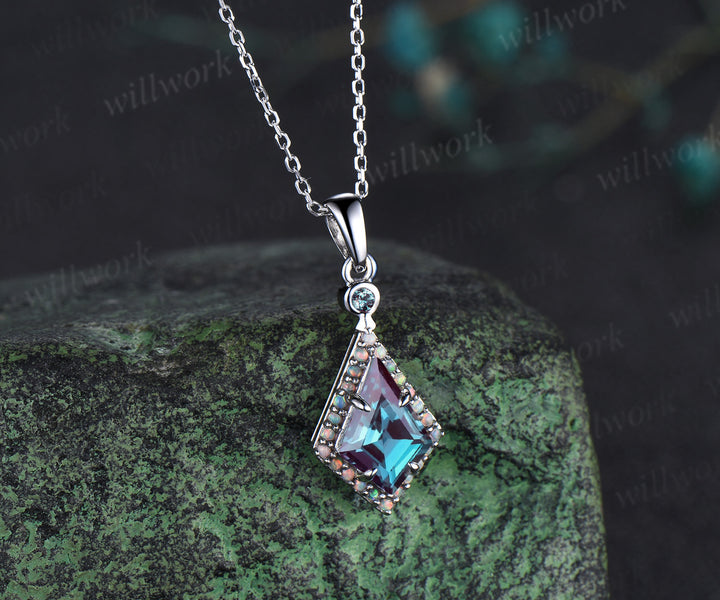 Kite cut alexandrite pendant necklace dainty opal halo pendant color-change gemstone jewelry June Birthstone gift for her