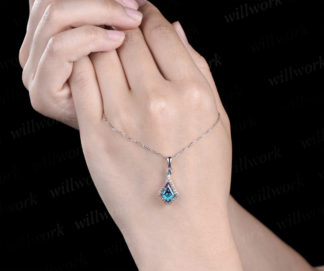 Kite cut alexandrite pendant necklace dainty opal halo pendant color-change gemstone jewelry June Birthstone gift for her