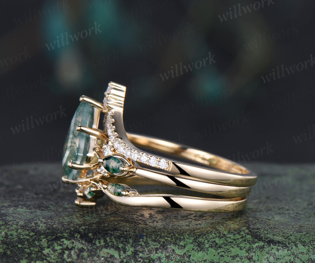 Kite cut moss agate engagement ring set unique marquise moss agate ring diamonds half eternity curved wedding band vintage bridal set