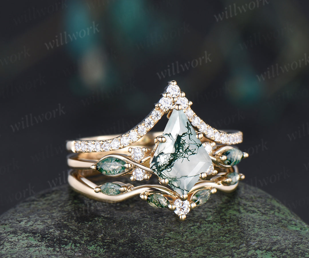 Kite cut moss agate engagement ring set unique marquise moss agate ring diamonds half eternity curved wedding band vintage bridal set