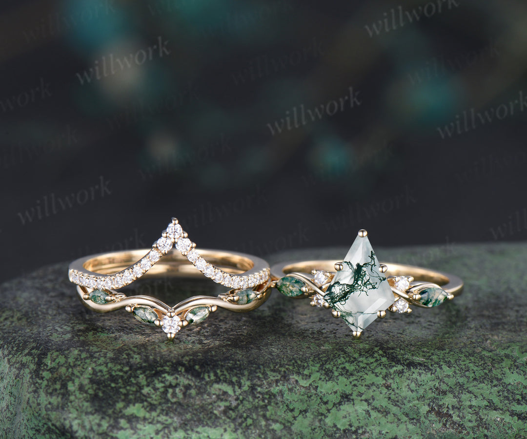 Kite cut moss agate engagement ring set unique marquise moss agate ring diamonds half eternity curved wedding band vintage bridal set