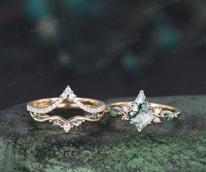 Kite cut moss agate engagement ring set unique marquise moss agate ring diamonds half eternity curved wedding band vintage bridal set