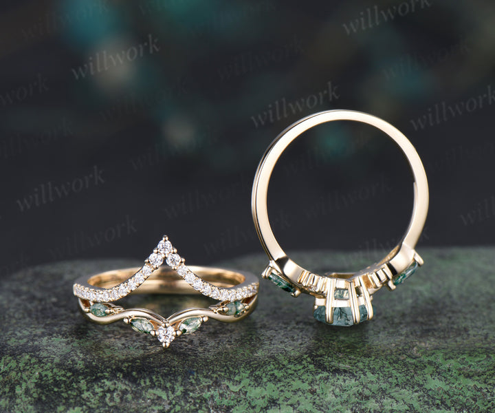 Kite cut moss agate engagement ring set unique marquise moss agate ring diamonds half eternity curved wedding band vintage bridal set