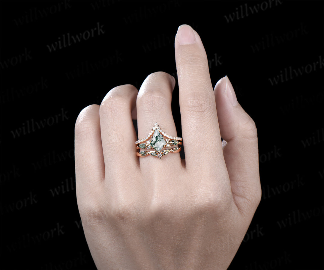 Kite cut moss agate engagement ring set unique marquise moss agate ring diamonds half eternity curved wedding band vintage bridal set