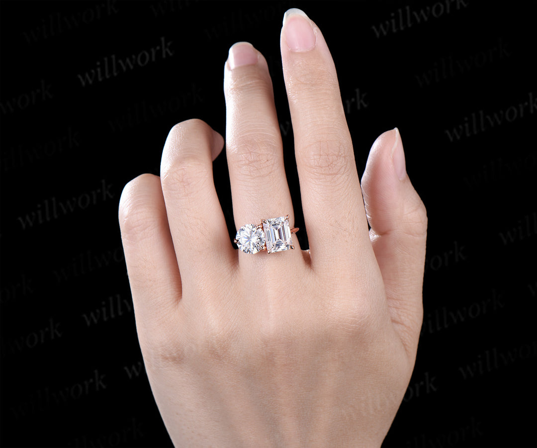 Two stone emerald round cut moissanite engagement ring solid 14k rose gold personalized Toi et Moi ring birthday anniversary bridal gifts