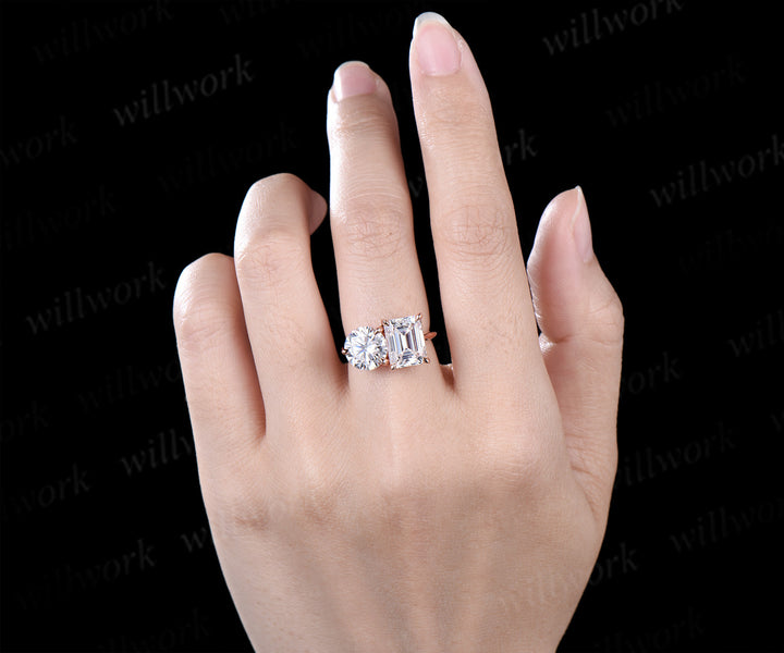 Two stone emerald round cut moissanite engagement ring solid 14k rose gold personalized Toi et Moi ring birthday anniversary bridal gifts