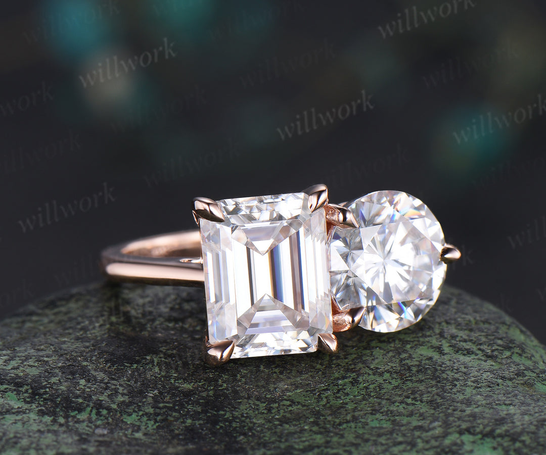 Two stone emerald round cut moissanite engagement ring solid 14k rose gold personalized Toi et Moi ring birthday anniversary bridal gifts