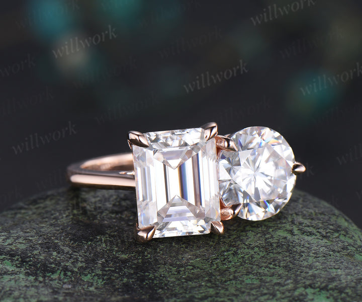 Two stone emerald round cut moissanite engagement ring solid 14k rose gold personalized Toi et Moi ring birthday anniversary bridal gifts