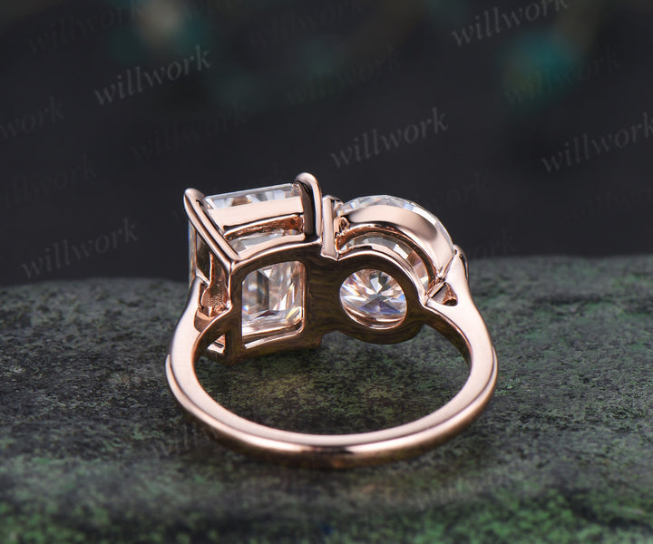 Two stone emerald round cut moissanite engagement ring solid 14k rose gold personalized Toi et Moi ring birthday anniversary bridal gifts