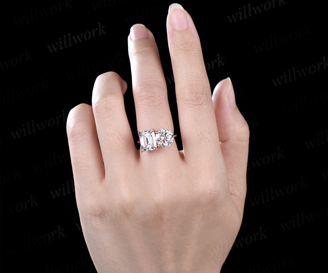 Two stone emerald round cut moissanite engagement ring solid 14k rose gold personalized Toi et Moi ring birthday anniversary bridal gifts