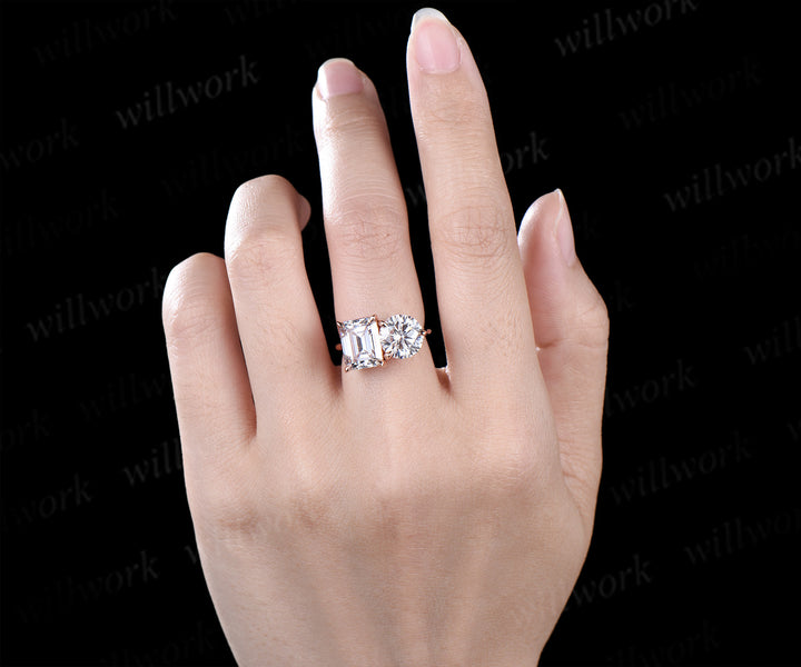 Two stone emerald round cut moissanite engagement ring solid 14k rose gold personalized Toi et Moi ring birthday anniversary bridal gifts