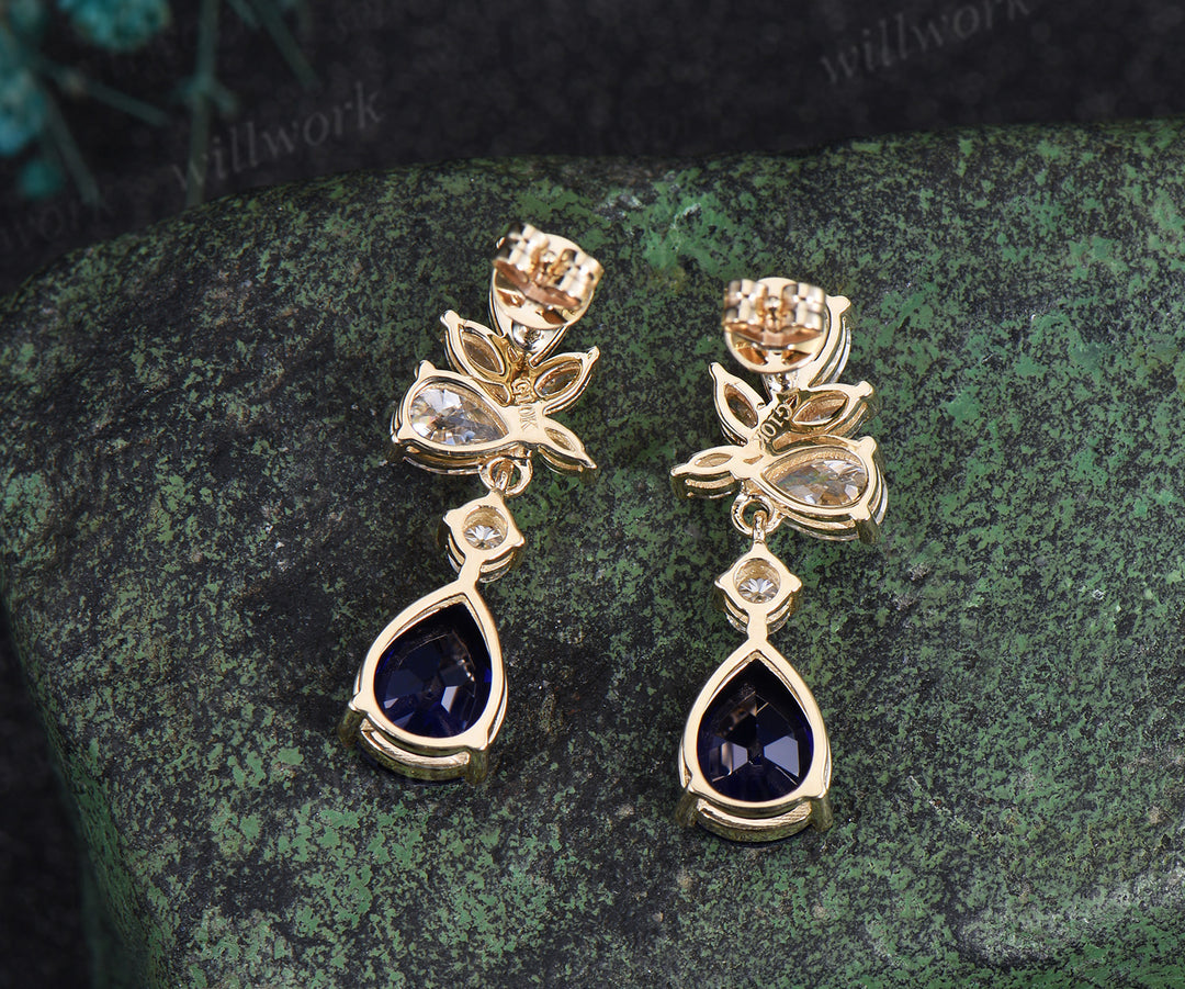Pear cut blue sapphire earrings solid 14k white gold cluster moissanite opal drop earrings women jewelry anniversary gift for her