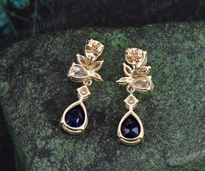 Pear cut blue sapphire earrings solid 14k white gold cluster moissanite opal drop earrings women jewelry anniversary gift for her
