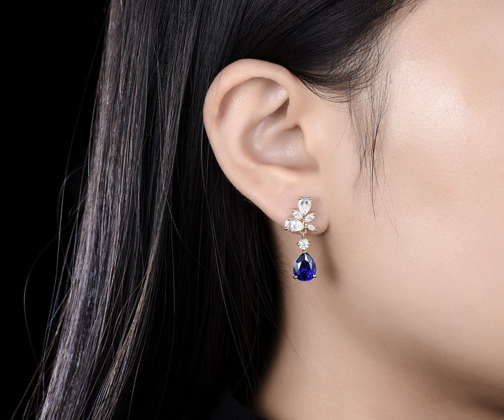 Pear cut blue sapphire earrings solid 14k white gold cluster moissanite opal drop earrings women jewelry anniversary gift for her
