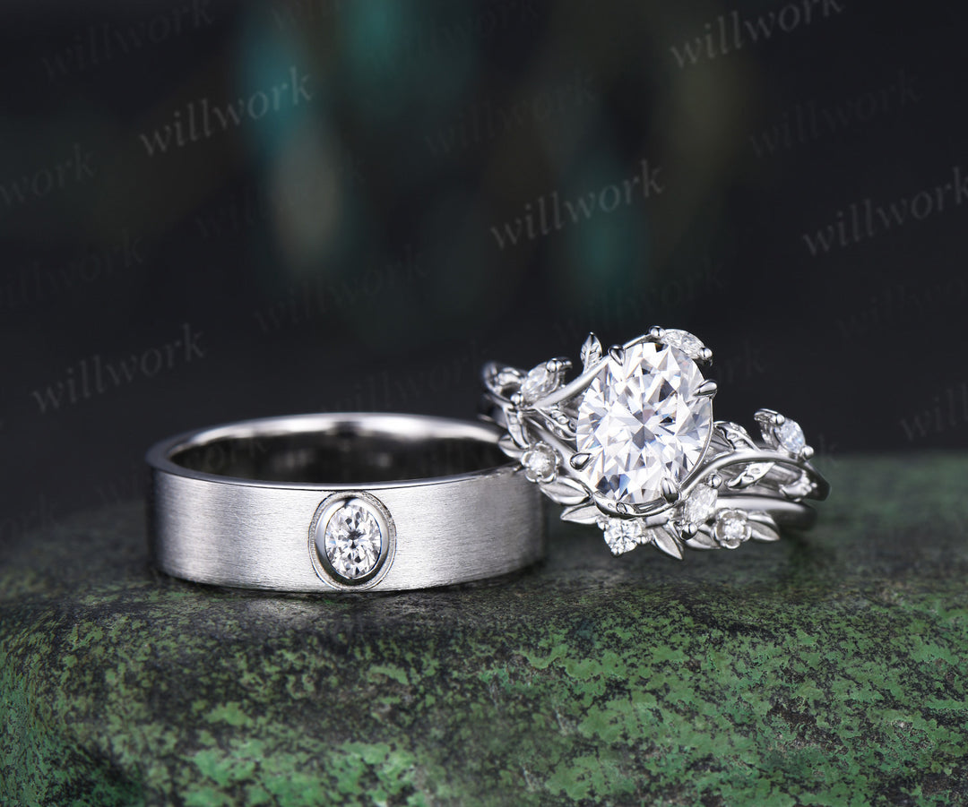 Oval Cut Moissanite Leaf Floral Ring Set & Brushed Finish Solitaire Men Wedding Ring Nature Inspired Couple Ring Set