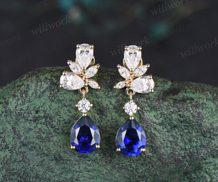 Pear cut blue sapphire earrings solid 14k white gold cluster moissanite opal drop earrings women jewelry anniversary gift for her