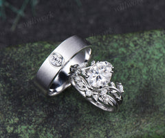 Oval Cut Moissanite Leaf Floral Ring Set & Brushed Finish Solitaire Men Wedding Ring Nature Inspired Couple Ring Set