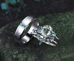 Oval Moss Agate Alexandrite Moss Agate Clusters Ring Set & Baguette Moss Agate Hammered Men Wedding Ring Enchanting Couple Ring Set