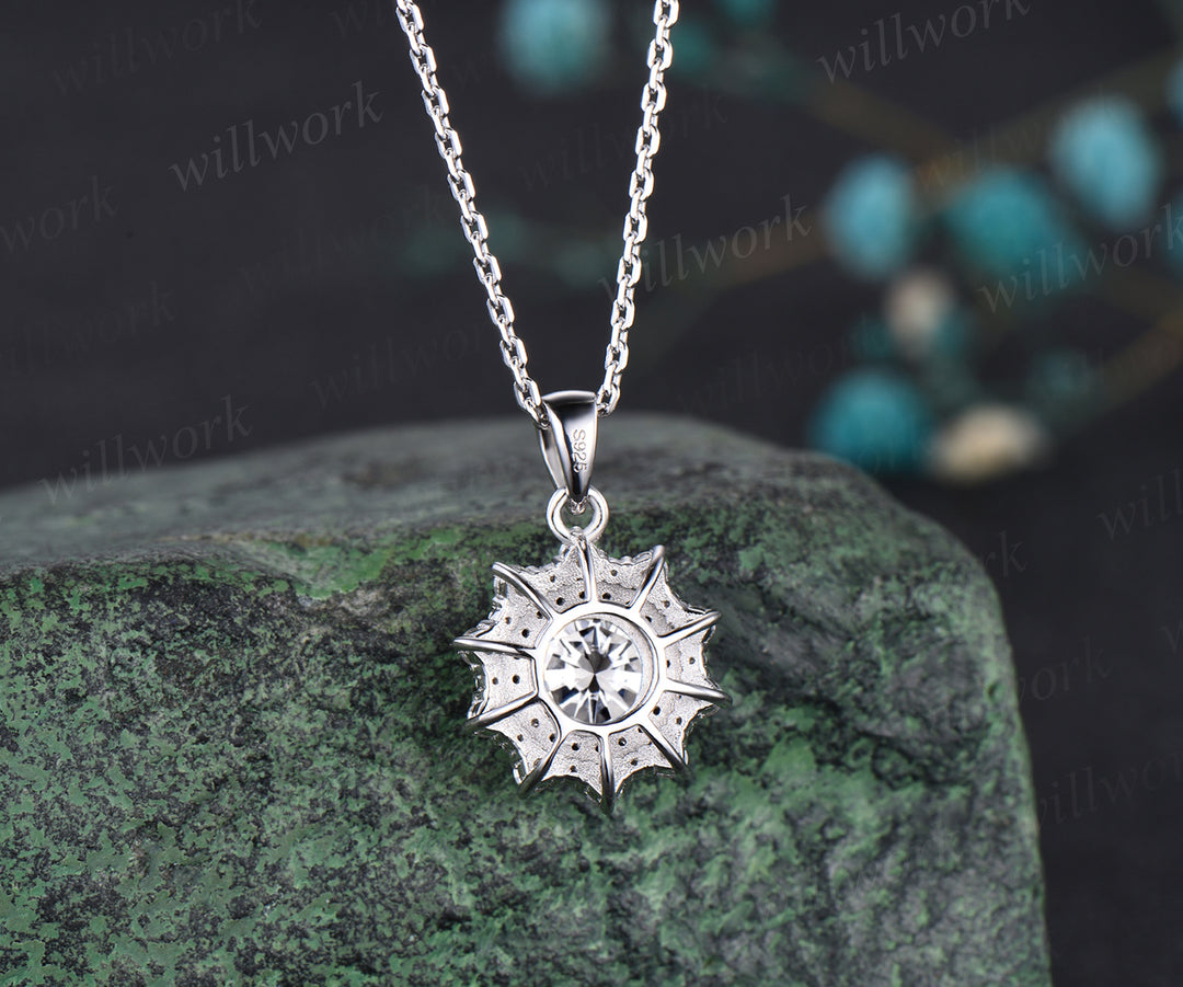 Unique Round Cut Moissanite Necklace Minimalist Delicate Double Halo Moissanite Black Spinel Diamond Pendant 14k White Gold Bridal Jewelry