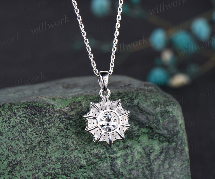 Unique Round Cut Moissanite Necklace Minimalist Delicate Double Halo Moissanite Black Spinel Diamond Pendant 14k White Gold Bridal Jewelry