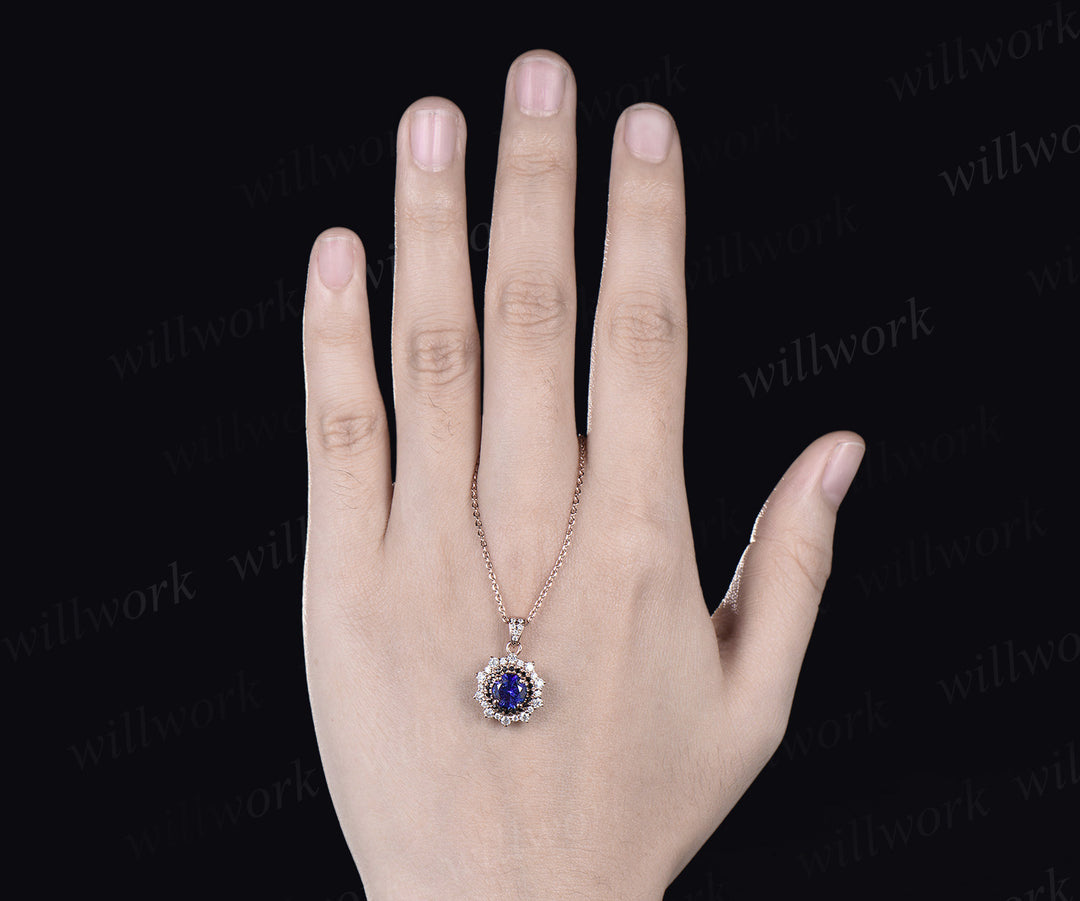 Round blue sapphire Necklace rose gold snowdrift double halo black diamond Pendant September birthstone anniversary gift