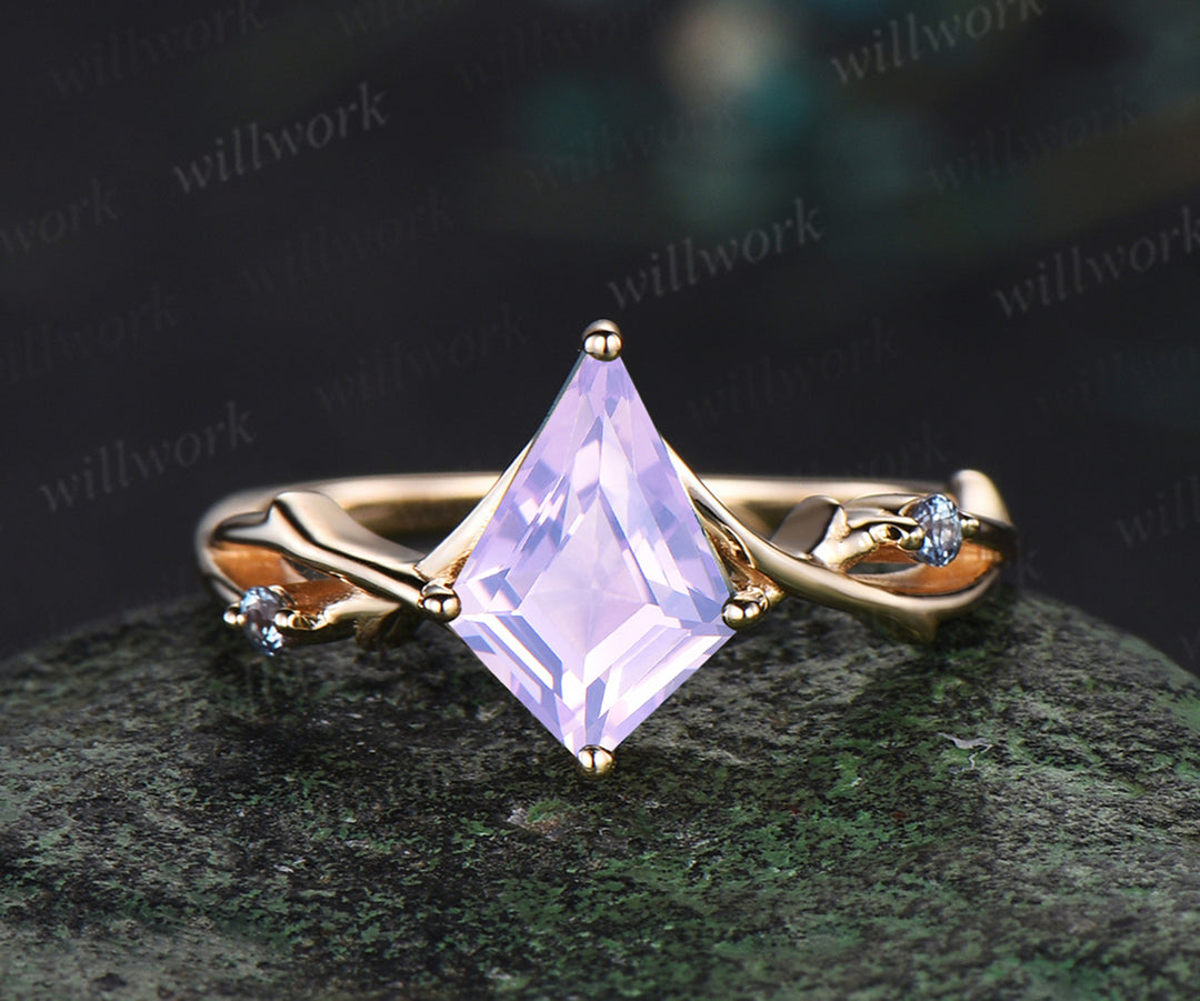 Vintage kite Lavender Amethyst engagement ring Branches leaf moissanite ring 14k yellow gold wedding ring band bridal set