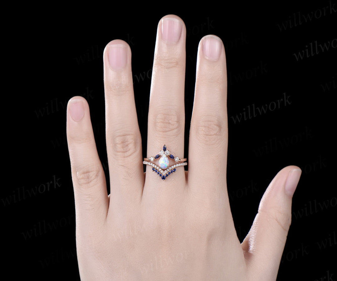 Vintage 5x7mm pear opal engagement ring ret 4 prongs opal half eternity diamond ring curved sapphire diamond wedding band