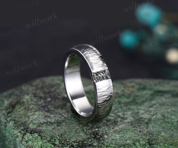 Unique Mens Black Rutilated Quartz Wedding Band Baguette Cut art deco Band 5mm Solid Gold Ring Mens Hammered Stacking Matching Band Retro Vintage Ring Gift