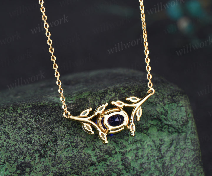 2ct oval blue sapphire Necklace East To West split shank cluster opal Pendant 14k gold anniversary gift women