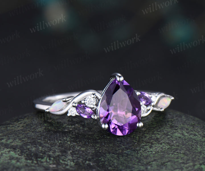 Pear cut purple amethyst engagement ring white gold infinity twisted opal anniversary ring gift