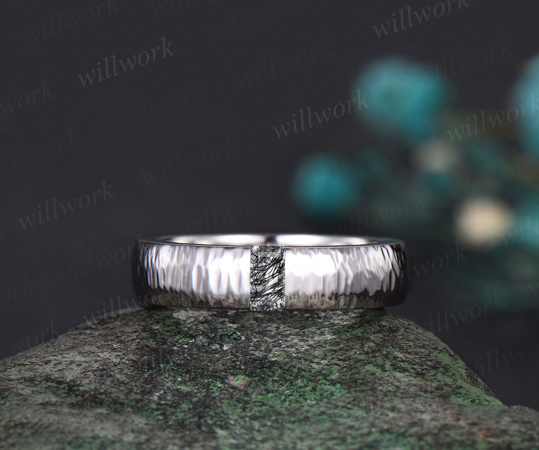 Unique Mens Black Rutilated Quartz Wedding Band Baguette Cut art deco Band 5mm Solid Gold Ring Mens Hammered Stacking Matching Band Retro Vintage Ring Gift