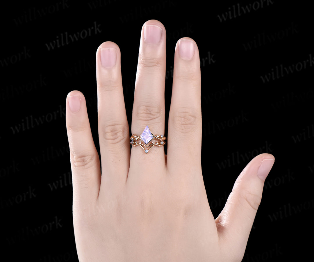 Vintage kite Lavender Amethyst engagement ring Branches leaf moissanite ring 14k yellow gold wedding ring band bridal set