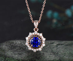Round blue sapphire Necklace rose gold snowdrift double halo black diamond Pendant September birthstone anniversary gift