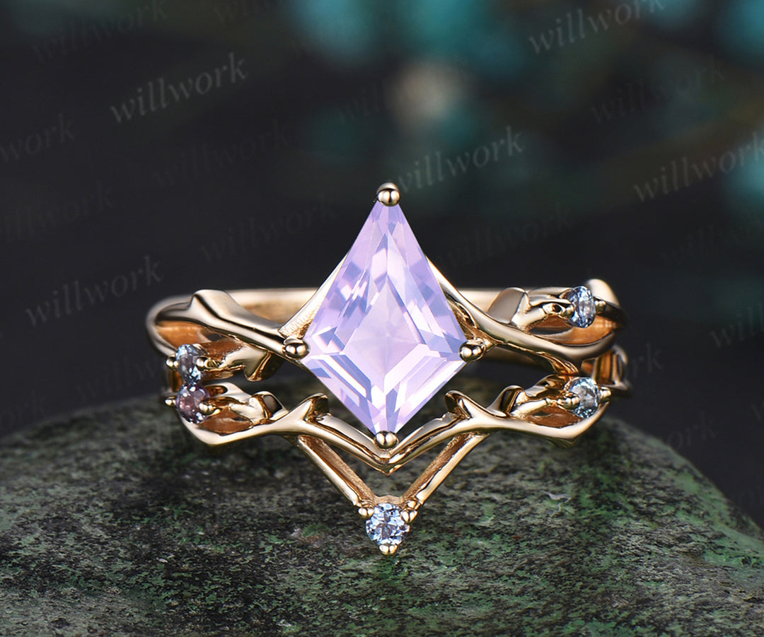 Vintage kite Lavender Amethyst engagement ring Branches leaf moissanite ring 14k yellow gold wedding ring band bridal set