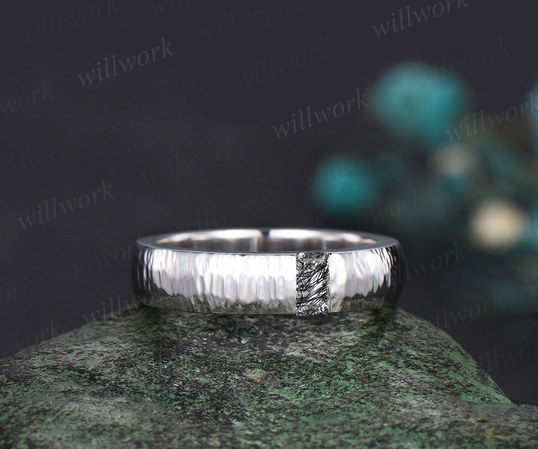 Unique Mens Black Rutilated Quartz Wedding Band Baguette Cut art deco Band 5mm Solid Gold Ring Mens Hammered Stacking Matching Band Retro Vintage Ring Gift