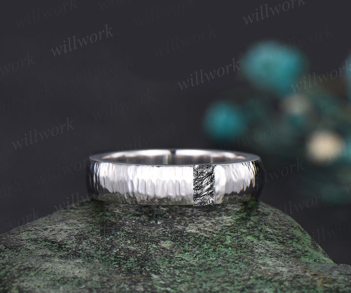 Unique Mens Black Rutilated Quartz Wedding Band Baguette Cut art deco Band 5mm Solid Gold Ring Mens Hammered Stacking Matching Band Retro Vintage Ring Gift