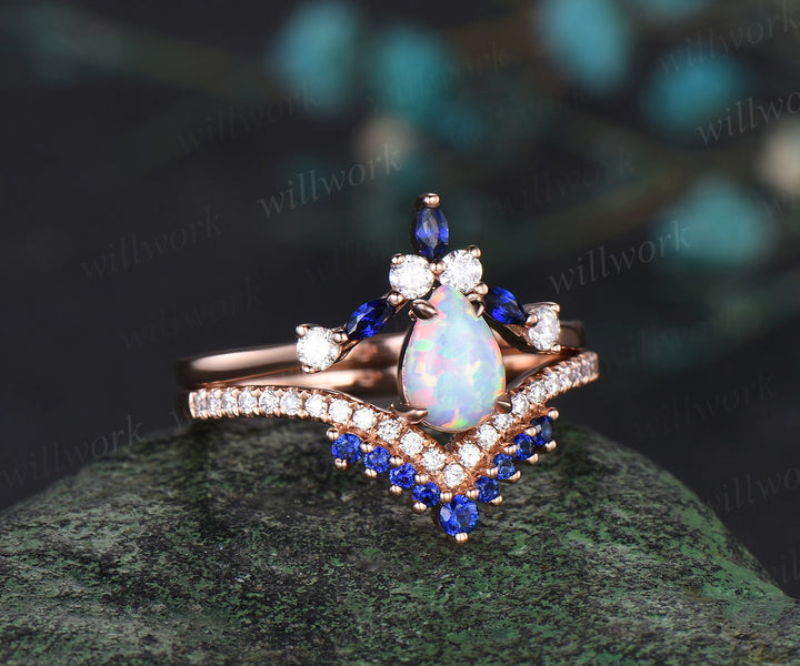 Vintage 5x7mm pear opal engagement ring ret 4 prongs opal half eternity diamond ring curved sapphire diamond wedding band