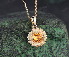 Round cut yellow citrine sunflower Necklace 14k yellow gold unique Solitaire Pendant women jewelry