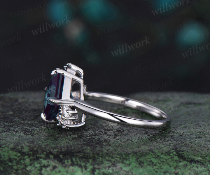 Asscher cut alexandrite engagement ring white gold cluster diamond promise wedding ring women color change gemstone ring