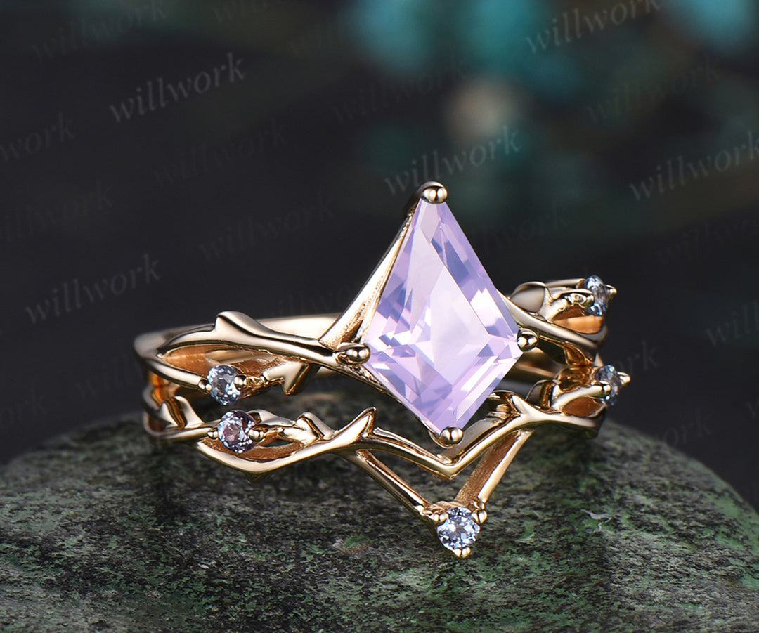 Vintage kite Lavender Amethyst engagement ring Branches leaf moissanite ring 14k yellow gold wedding ring band bridal set