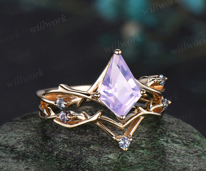 Vintage kite Lavender Amethyst engagement ring Branches leaf moissanite ring 14k yellow gold wedding ring band bridal set