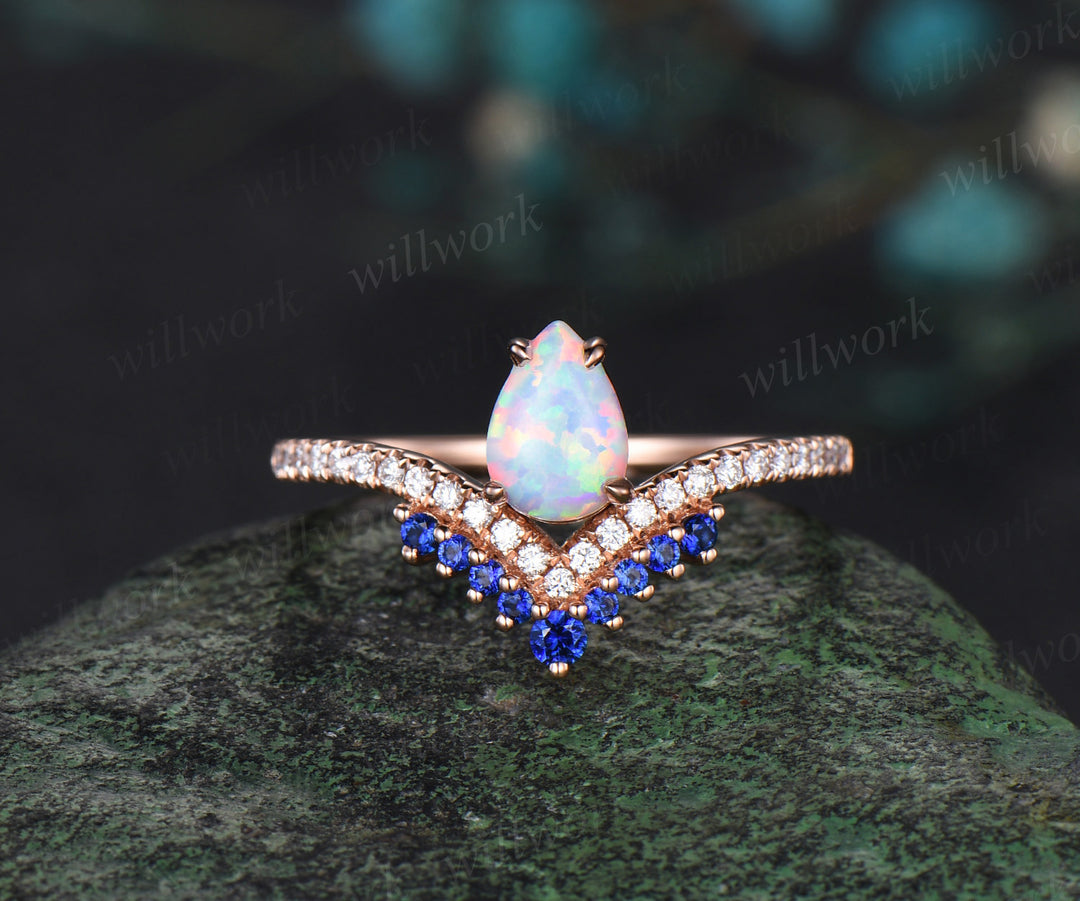 Vintage 5x7mm pear opal engagement ring ret 4 prongs opal half eternity diamond ring curved sapphire diamond wedding band