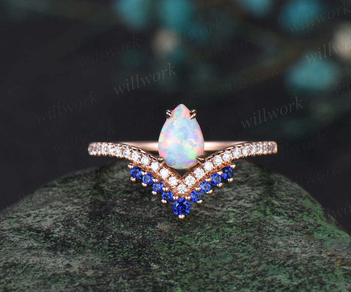 Vintage 5x7mm pear opal engagement ring ret 4 prongs opal half eternity diamond ring curved sapphire diamond wedding band