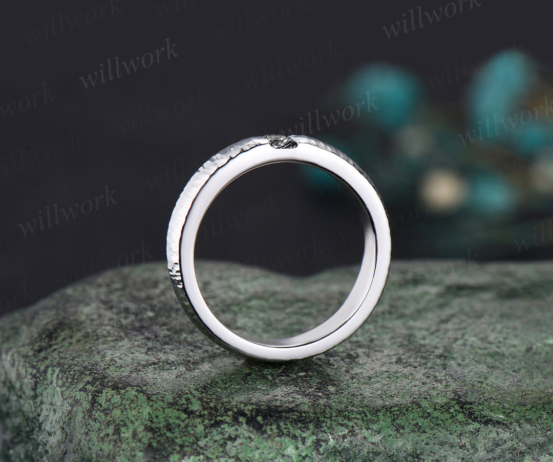 Unique Mens Black Rutilated Quartz Wedding Band Baguette Cut art deco Band 5mm Solid Gold Ring Mens Hammered Stacking Matching Band Retro Vintage Ring Gift