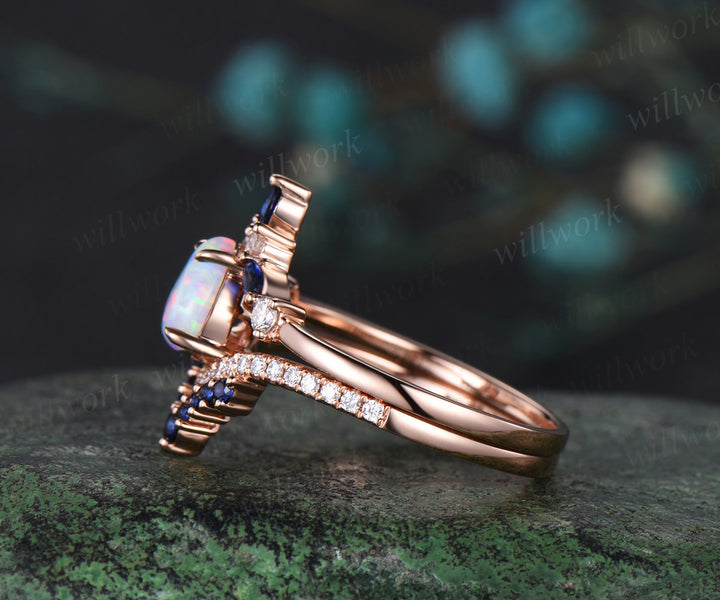 Vintage 5x7mm pear opal engagement ring ret 4 prongs opal half eternity diamond ring curved sapphire diamond wedding band