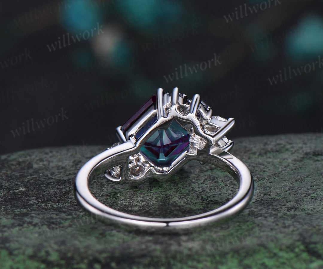 Asscher cut alexandrite engagement ring white gold cluster diamond promise wedding ring women color change gemstone ring